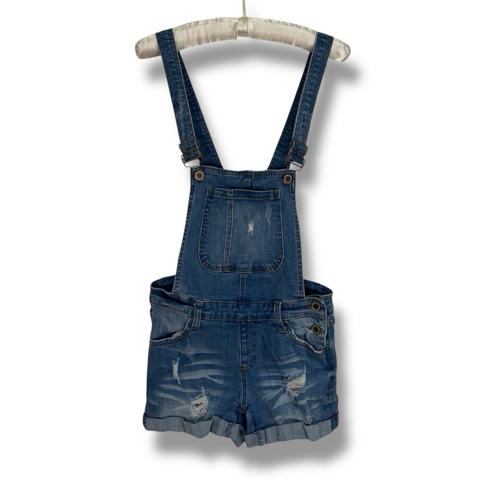 I&M Jeans Blue Denim Overalls Shorts Shortalls Lightwash Distressed Y2K Sz S